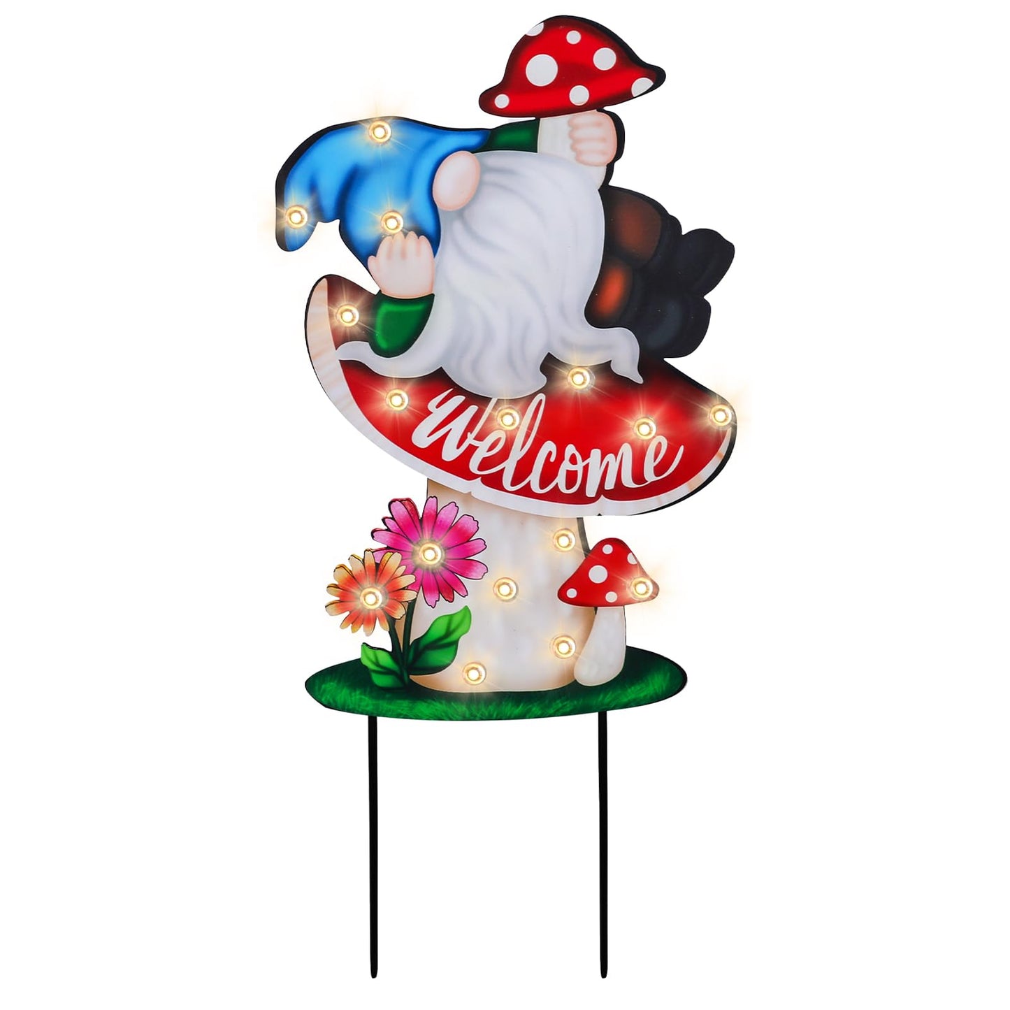 WONDER GARDEN Decorative Garden Stakes - Lighted Mushroom and Gnome Yard Sign Stakes with Flower, Spring Signs for Outdoor, Porch, Yard,Flower Bed Decor