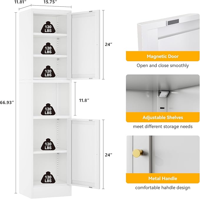 YAUWOH 2-Door Metal Storage Cabinet, Tall Slim Pantry Organizer