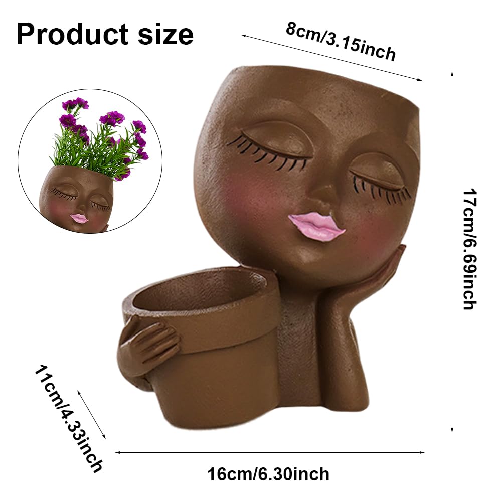 IUYYPU Face Planter for Succulents, Resin Lady Head Pot with 2 Planting Pockets and Drainage Holes, Approx. 6.3 x 4.3 x 6.7 in, Openings 3.2 in & 2.4 in, Brown