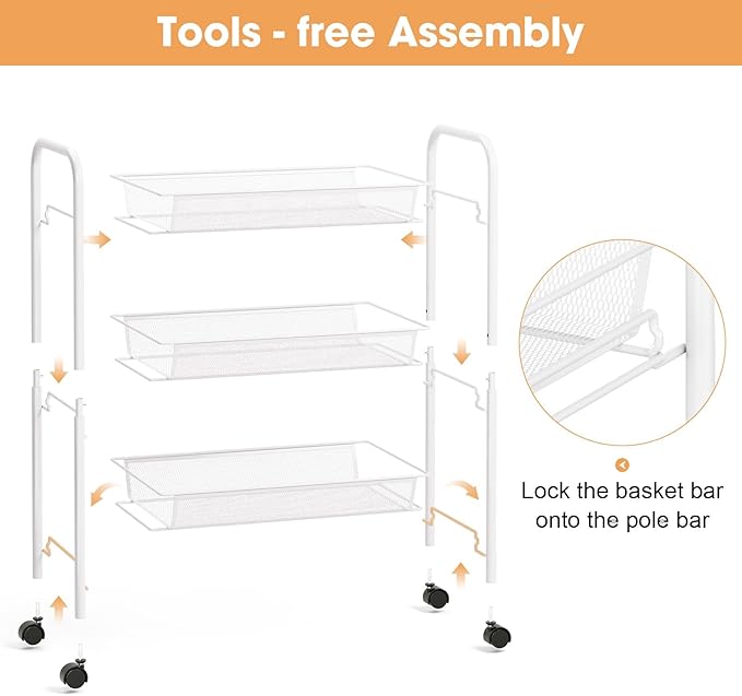 TOOLF 3-Tier Metal Rolling Cart, Mesh Wire Easy Assemble Utility Cart, Storage