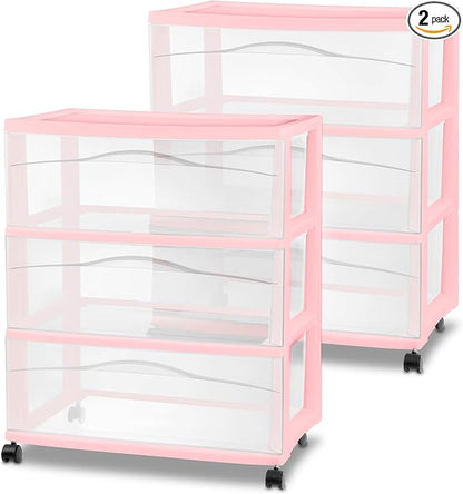 Sterilite 2 Pack Wide 3 Drawer Storage Cart, Rolling Organization, Pink | Clear Plastic Organizer Drawers with Wheels for Craft Supplies, Bath Essentials, or Home Accessories