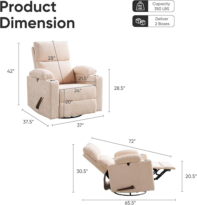 Swivel Rocker Recliner with Adjustable Armrests, Rocking Nursery Chair with