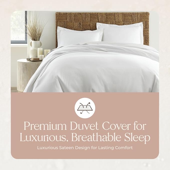 100% Organic Cotton Duvet Cover Queen Size - Naturally Soft Lightweight & Cooling Duvet Cover Set with Decorative Shams - Premium GOTS Certified 300 Thread Count Sateen Weave (White, Queen)
