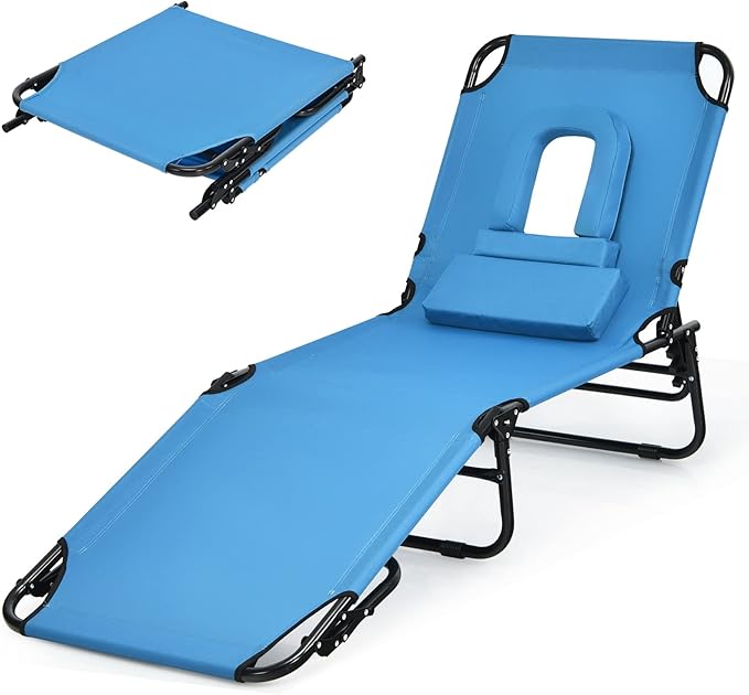 Folding Beach Lounge Chair w/ 5 Adjutable Backrest & Padded Pillow, Sunbathing
