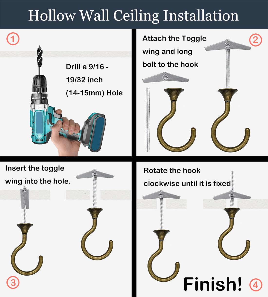 Evsteluo 4 Sets Heavy Duty Swag Ceiling Hooks with Hardware for Hanging Plants, Cavity Wall Fixing, Easy Installation, Holds Up to 30lbs, Ideal for Home & Garden (4 Sets, Antique Brass)