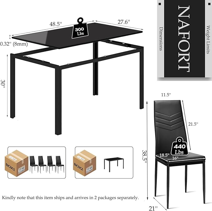 NAFORT Dining Table Set for 4, 48.5" Rectangle Tempered Glass Kitchen Room Table
