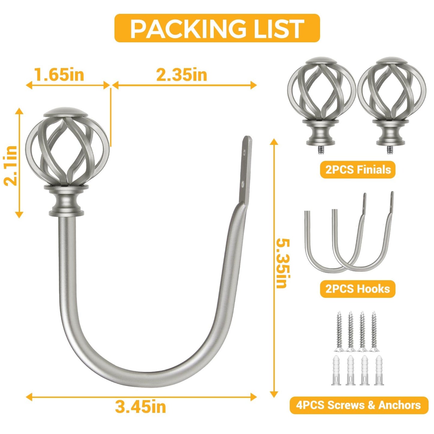USFOOK 2 Pack Curtain Holdbacks, Decorative Window Drapery Tiebacks (2 Pack/1 Pair), Curtain Tie Back Hooks for Wall with Antique Silver Twisted Cage Finials (3.45" L x 5.35" W)