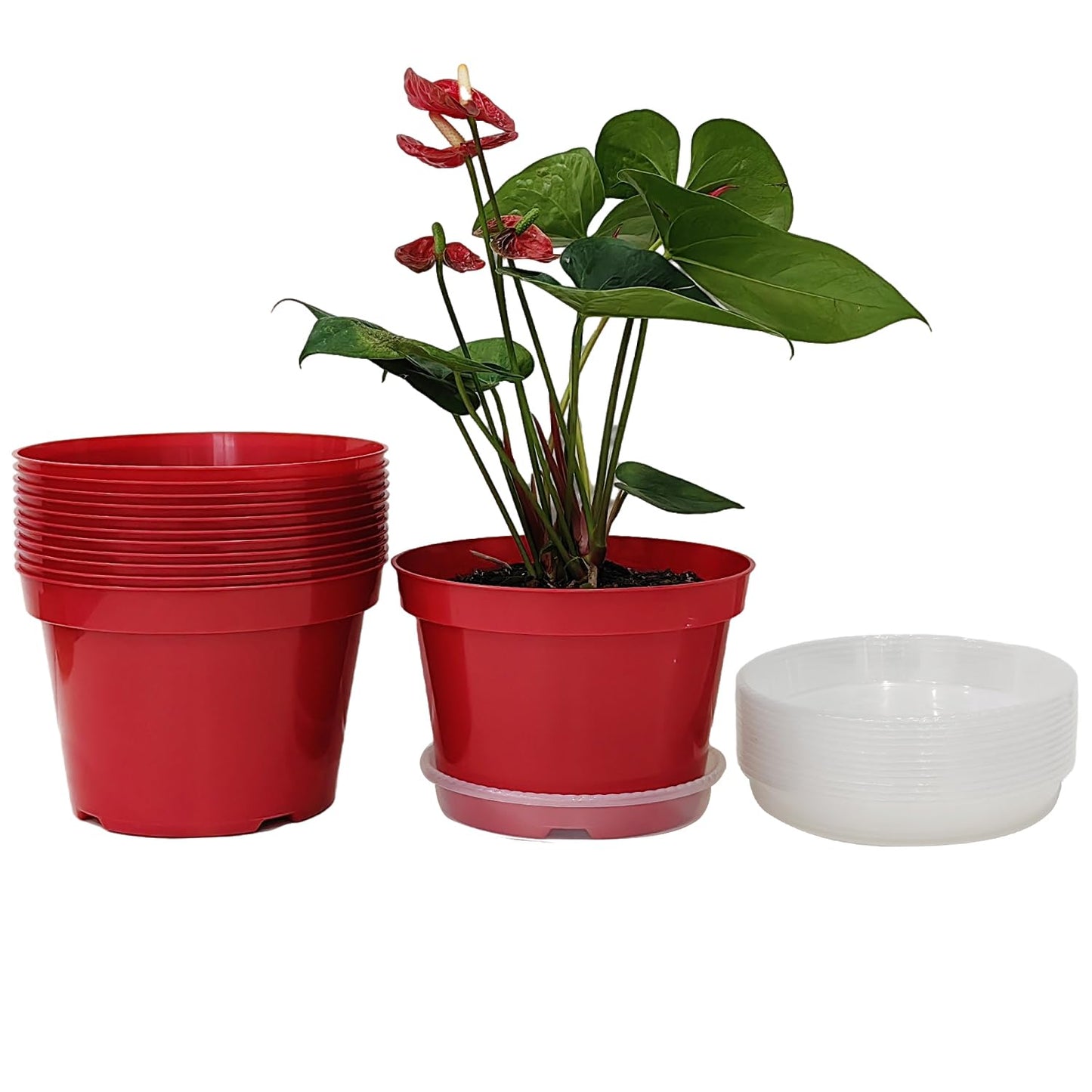 RooTrimmer 8 inch Plastic Flower Pots, Red Plant Pots 12Pack with Saucers for Indoor House Plants Growing and Decoration