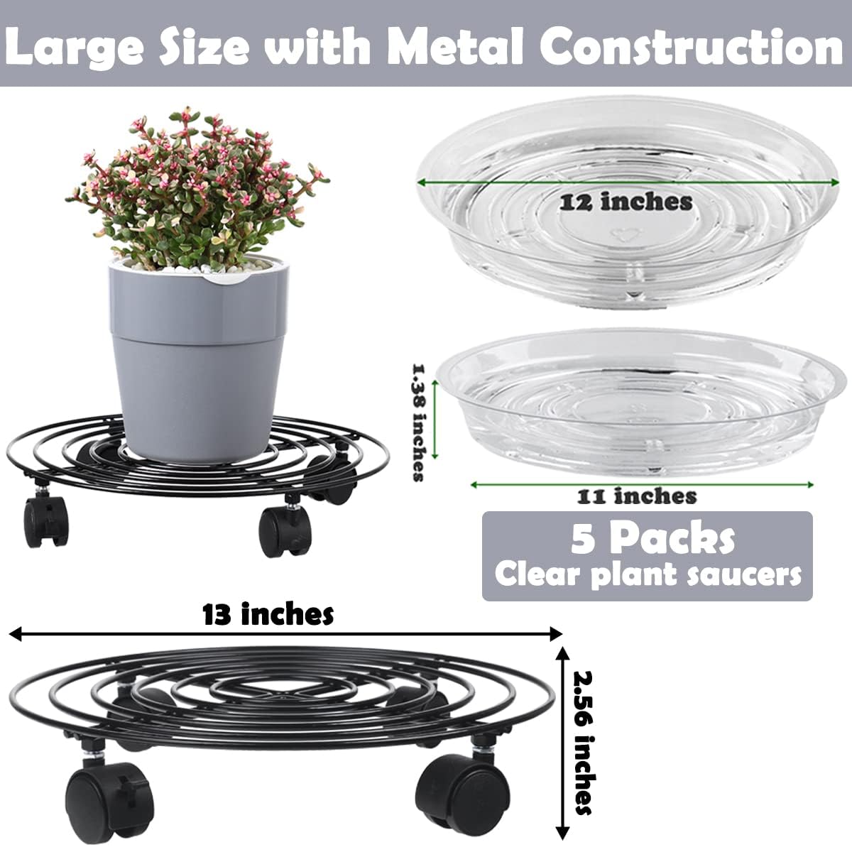 Planterhoma 3 Packs Large Metal Plant Caddy 13 Inches Plant Dolly with Wheels Heavy-duty Iron Rolling Plant Stand with Casters for Indoor Outdoor Flower Pot Mover Rollers Black Wheeled Plant Colaster