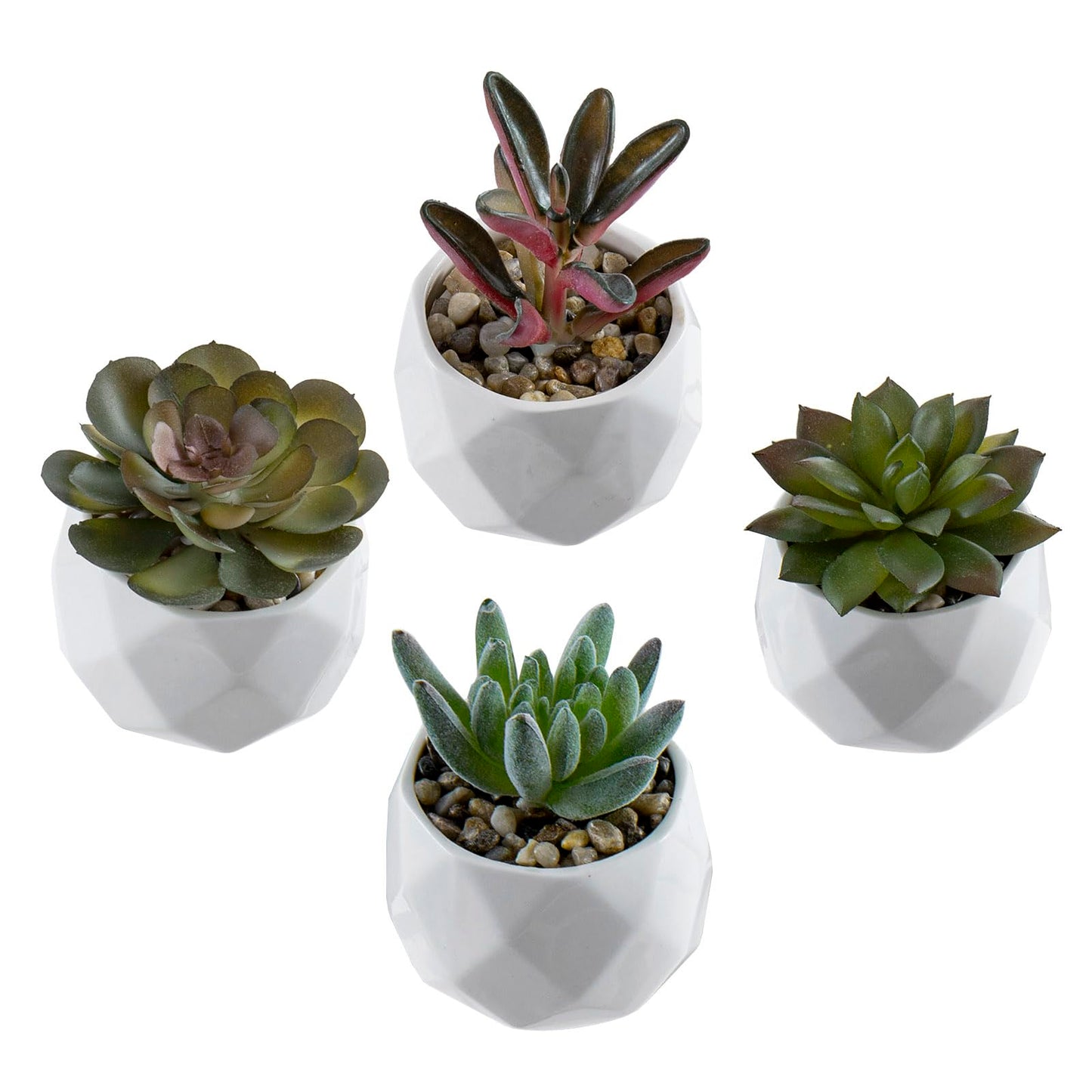 MyGift Miniature Artificial Succulents, Indoor Fake House Plants in Round White Geometric Ceramic Pots, Set of 4