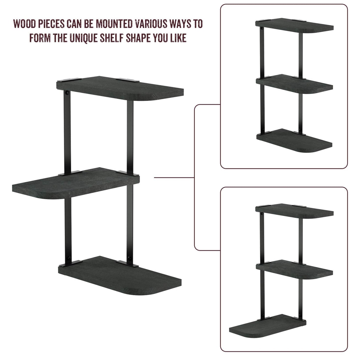 Love-KANKEI Corner Shelf Wall Mount of 3 Tier Rustic Wood Floating Shelves for Bedroom Living Room Bathroom Kitchen Office and More Black