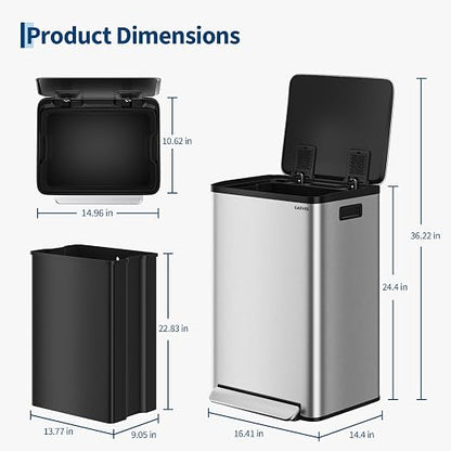 13 Gallon Trash Can Kitchen Garbage Bin with Removable Inner Buckets 50L Stainless Steel Step-on Metal Large Waste Cans with Soft Close Lid Silver