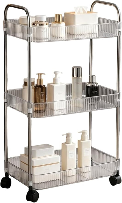 Sooyee Clear 3-Tier Plastic Rolling Utility Cart with Wheels, Multi-Functional Storage Trolley for Office, Living Room, Kitchen, Movable Storage Organizer with Wheels