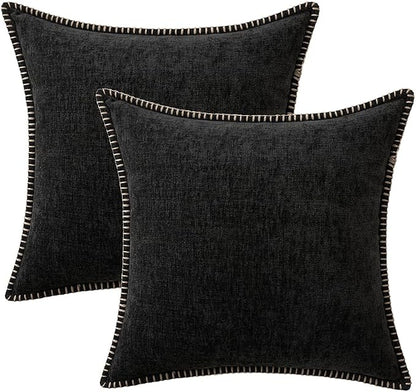 MIULEE Pack of 2 Couch Throw Pillow Covers 18x18 Inch Black Farmhouse Decorative Pillow Covers with Stitched Edge Soft Chenille Solid Dyed Pillow Covers for Sofa Bed Living Room