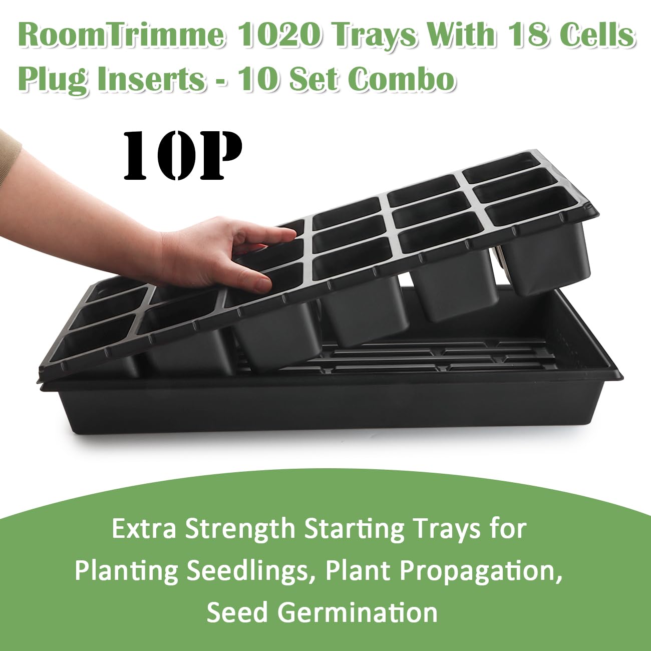 RooTrimmer 3 Inch Square Pots 2.9" Deep 18 Cell Seedling Trays with Water Collection Nursery 1020 Trays No Holes for Seeds Starting and Transplanting (20"x10",10 Sets)