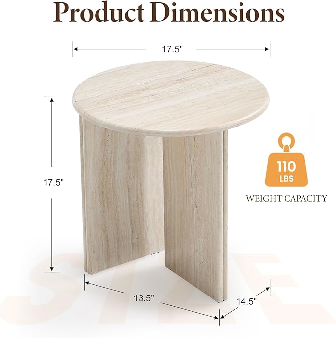 HNY Small Round Side Table Marble Veneer Wood Bedside Table 18" Modern End