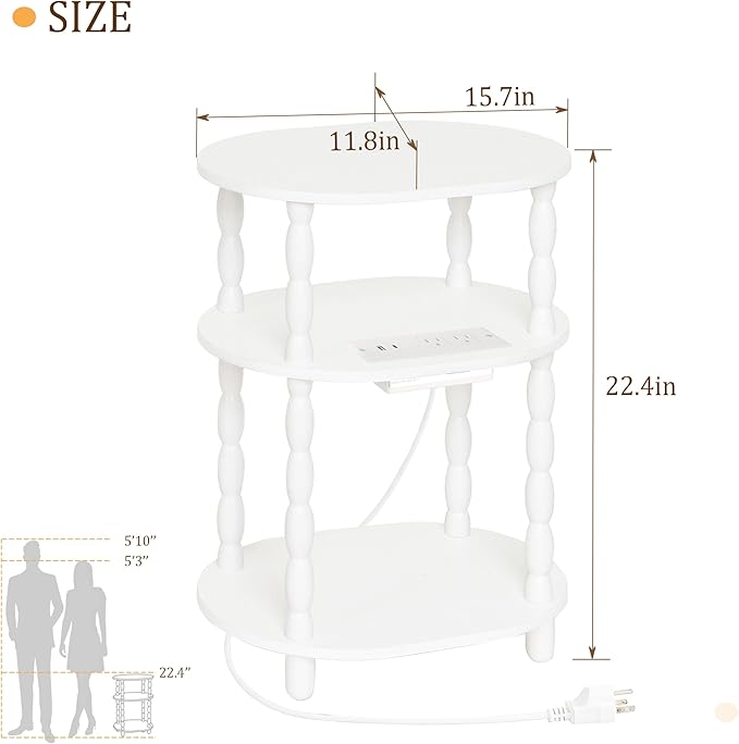 MaxSmeo White Side Table with Charging Station, 3-Tier Small Oval End Table