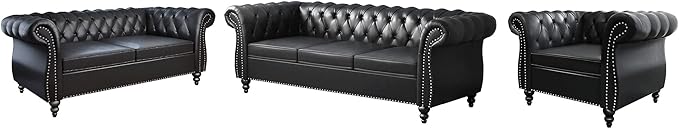 3 Piece Living Room Set, Chesterfield Leather Sofa Loveseat Couch Chair
