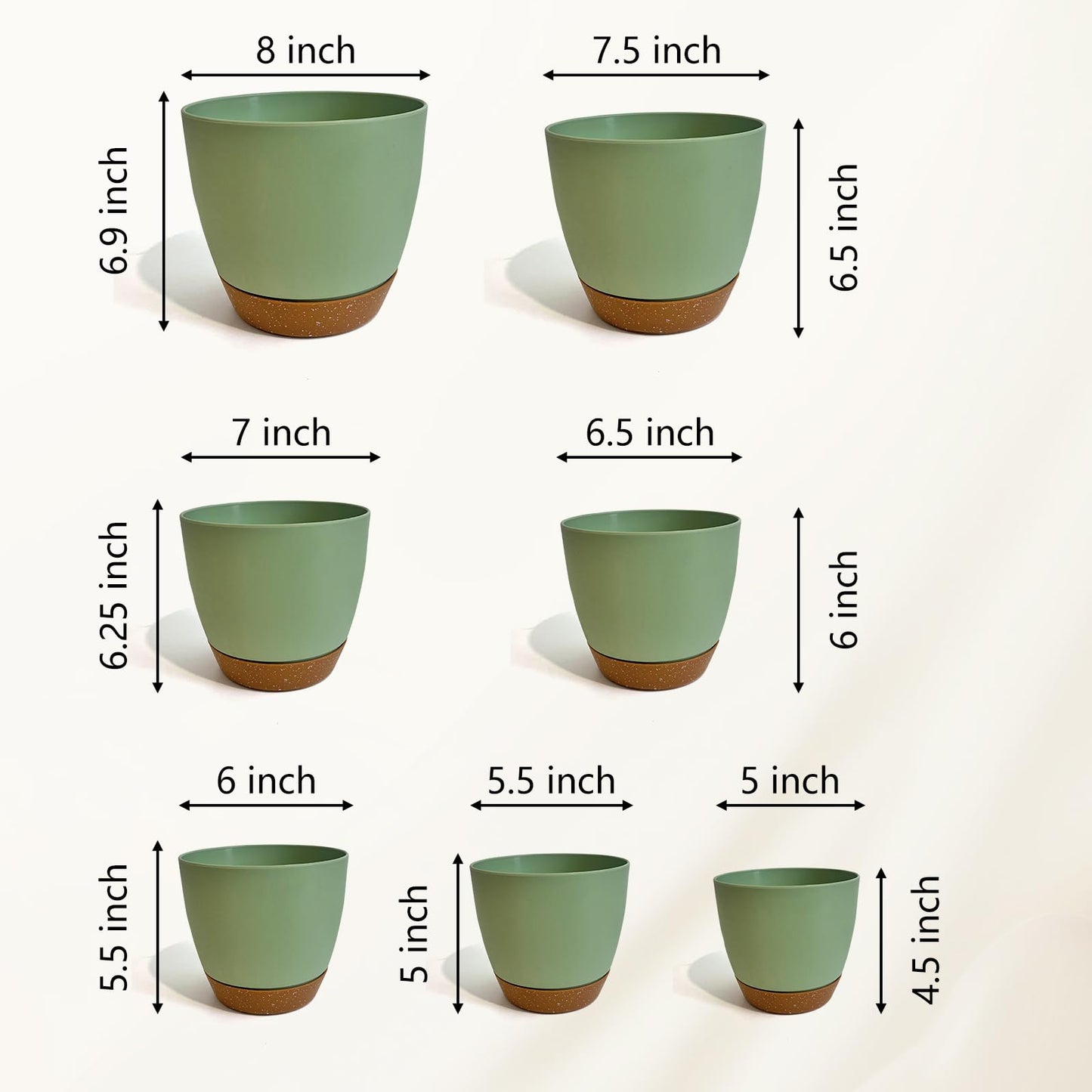 LIFFY Plant Pots, 8,7.5,7,6.5,6,5.5,5 Inch Plastic Self Watering Planters with Drainage Holes & Saucers, 7-Pack Green Nursery Planting Pot with Deep Reservoir for Indoor Outdoor Plants