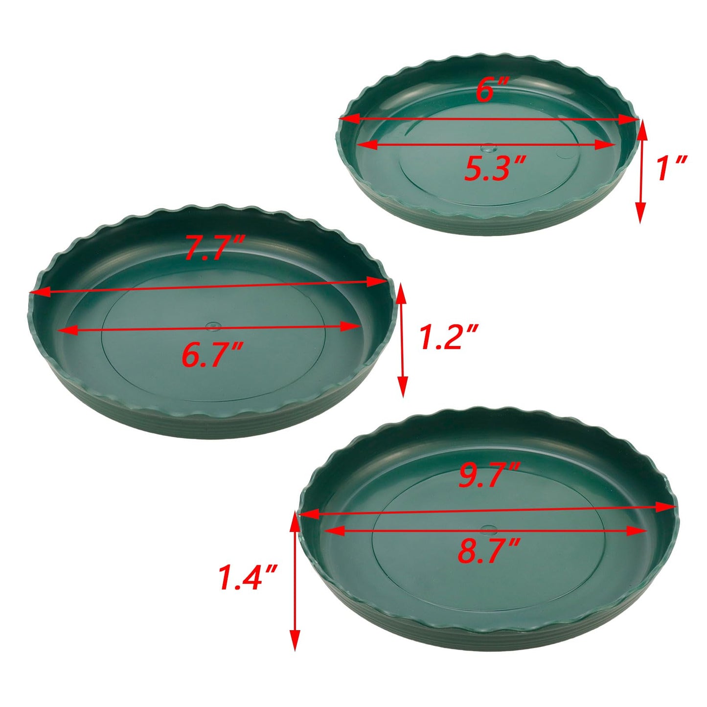 Dnyta 12pcs Dark Green Plant Saucer Plastic Planter Water Tray Flower Saucers Plates for Indoor Outdoor Plants (6" /8" / 10")