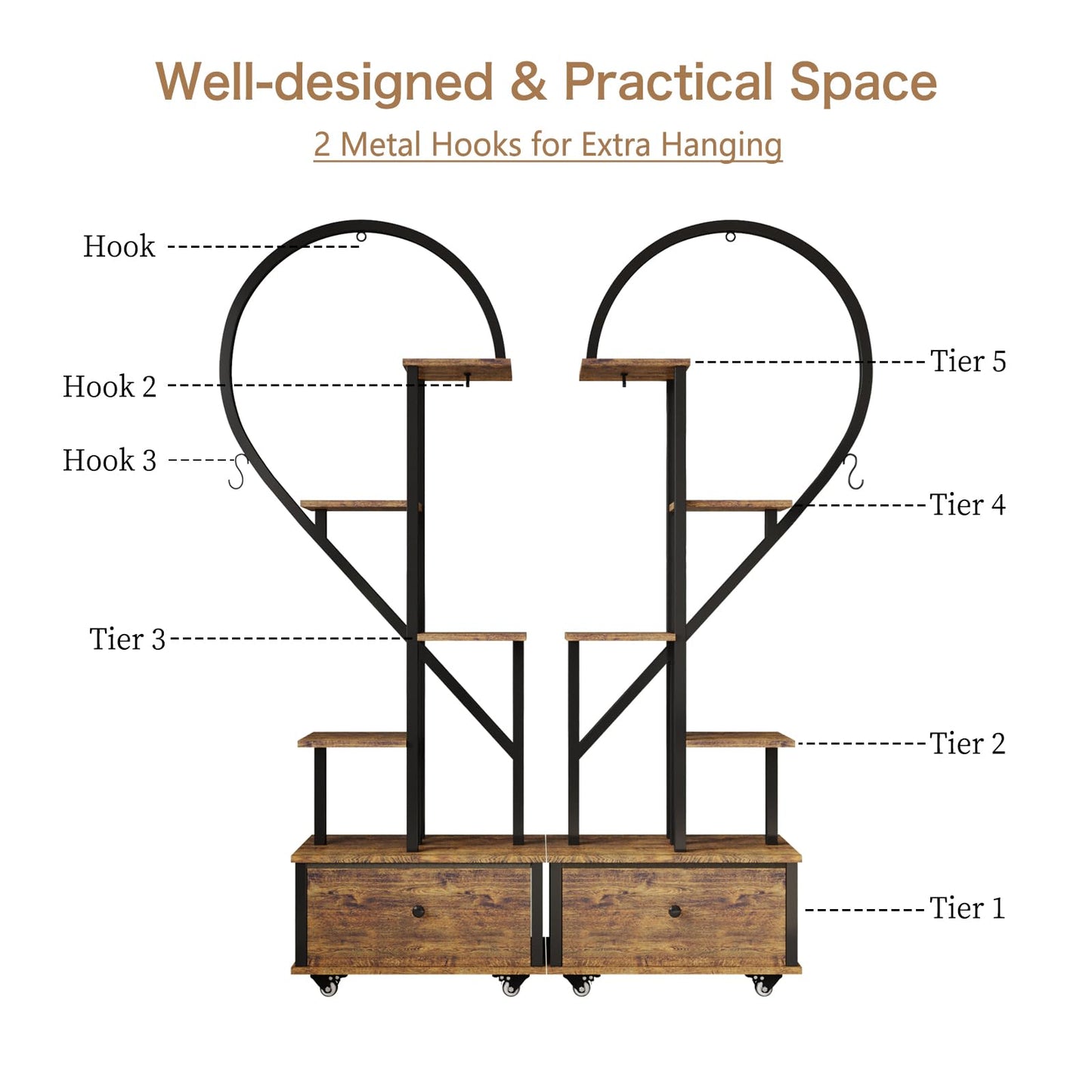Heart Shaped Indoor Plant Stand with Rolling Storage Cabinet & Drawer, Multi-Tier Plant Shelf with Hanging Hooks & Casters for Home Office Living Room Patio Balcony, Rustic Brown, 2 Pack