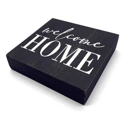 HTBIG Welcome Home Sign Home Decor Desk Decor Wooden Box Sign Rustic Black Wood Block Plaque Box Sign for Women Family Friends Farmhouse Living Room Kitchen Bedroom Shelf Table Decoration