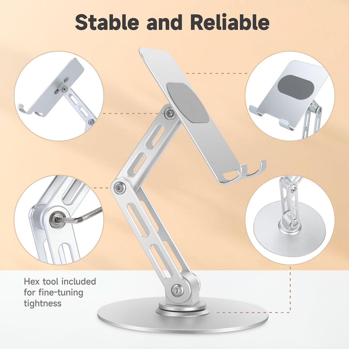 Xiaoshuang Adjustable Aluminum Phone Stand for Desk, No Wobble Heavy Base, Height Adjustable iPhone & iPad Stand, 360° Rotating Foldable Phone Holder for Desk Office Home (4–11”)