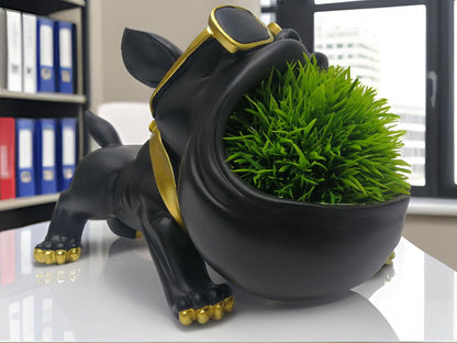 CUZOKOLA Large French Bulldog Tray Statue Cute Dog Candy Dish Modern Entryway Table Keys Candy Bowl for Office Desk Funny Animal Storage Sculpture Figurine with Big Mouth Gold Glasses for Home Decor