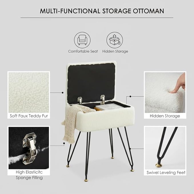 Vanity Stool Chair, Faux Teddy Fur Ottoman Foot Stool