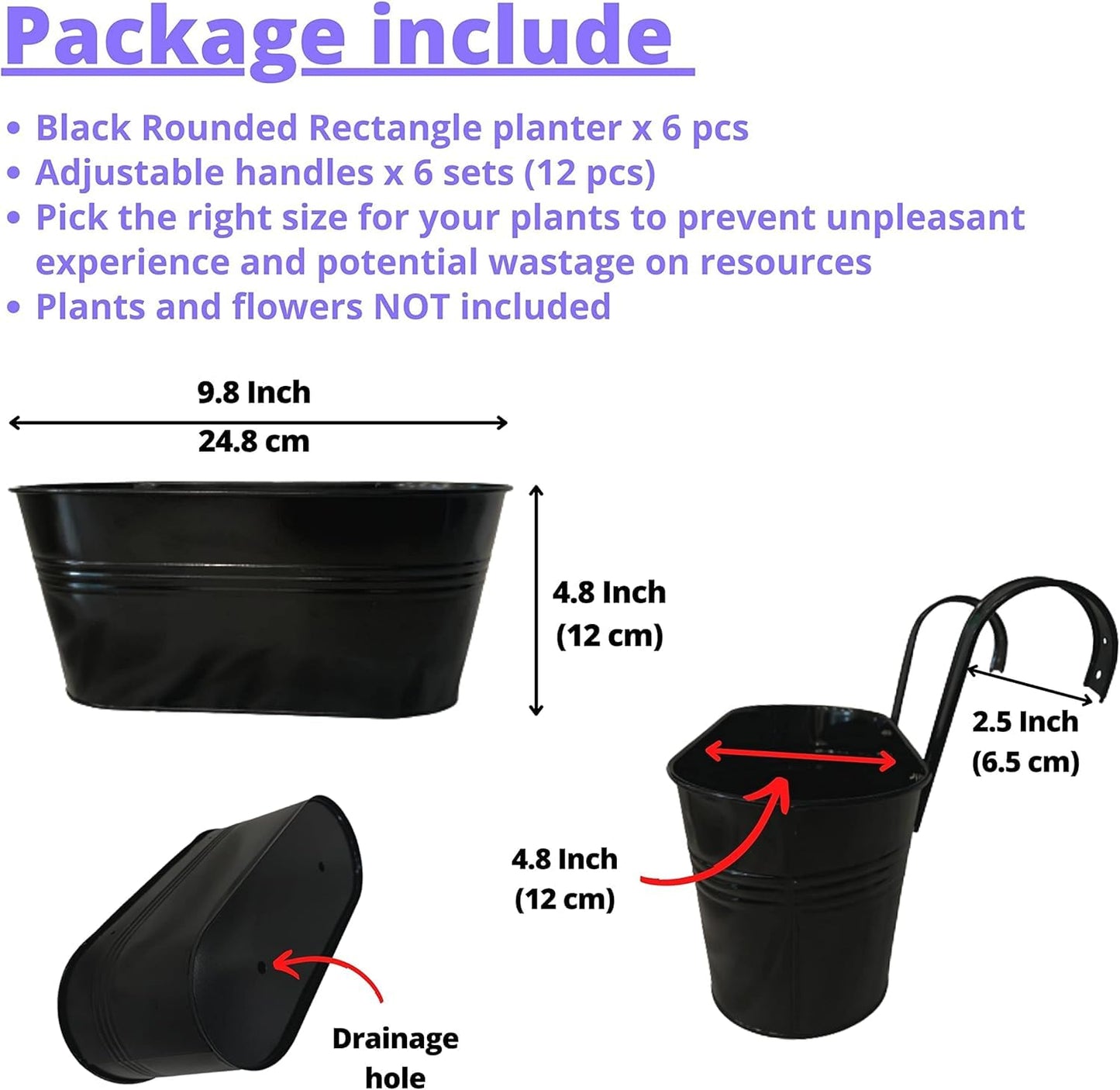 Maxona Metal Iron Hanging Flower Pots, 6 Pack, 9.8 Inch Oval Black Railing Fence Hanging Bucket Pots Countryside Style Window Flower Plant Holder with Detachable Hooks Home Décor