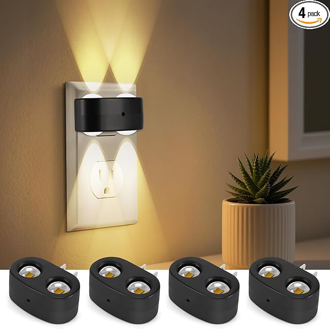 4-Pack LED Night Lights Plug into Wall, 2700K Soft White with Light Sensor, Ambient Lighting for Hallway, Bedroom, Bathroom, Nursery, Kitchen, Rotating Plug-in Night Light