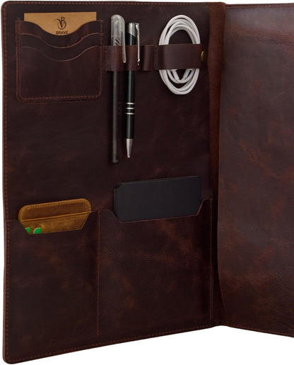 Leather Portfolio Folder - Genuine Leather Document Organizer with Multiple Pockets and Pen Holder – Business Padfolio for A4 Letter Size Papers, Professional Resume or Meeting Use (Espresso)