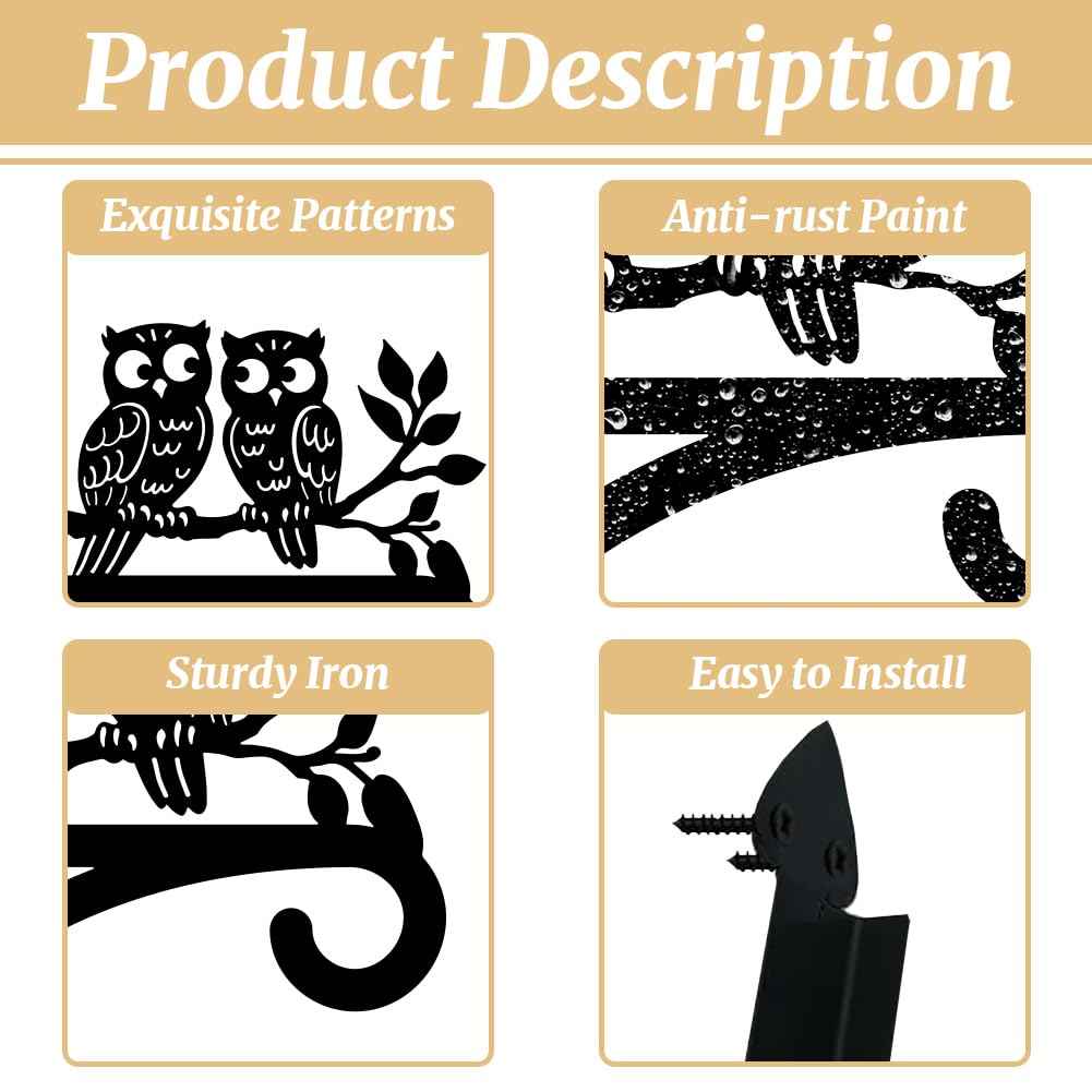 peacoblue Iron Plant Hangers Hooks for Outdoor Indoor Hanging Plants Flower Fern Pots Lantern Bird Feeder Wind Chimes, 12"x14" Owl Weather Resistant Metal Wall Holder for Porch Garden Farmhouse(Owl)