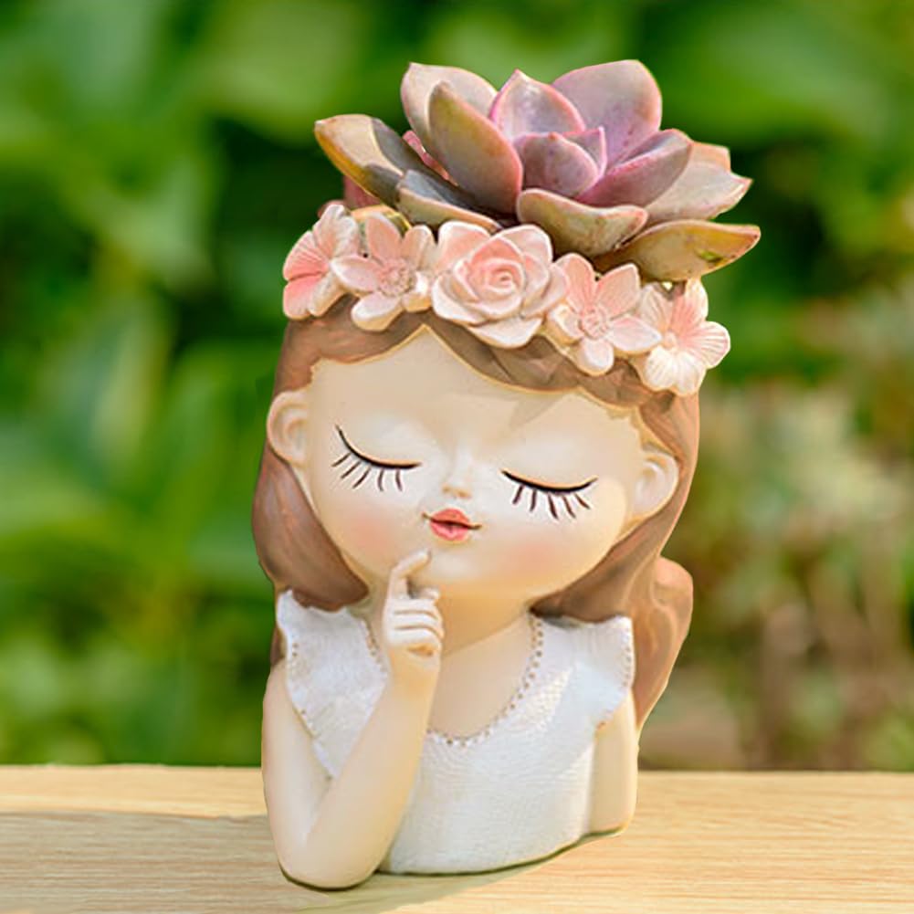 Snowy sunday Girl face planters -Fantasy 2pack Cute Big Succulent Pot with Drainage Hole Tall Lady Head Planter Resin Flower Pot Decorative vase for Indoor/Outdoor Plants Gifts for mom/Aunt/Lover