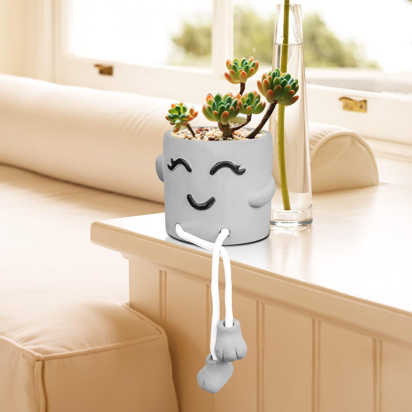 Uguisu 1 Piece Gray Cute Smiley Cement Planter, Small Plant Pot, Indoor Succulent Pot, Fun Planter with Hanging Feet for Living Room, Office, Desk and Bathroom Shelf Decor (Plants Not Included).