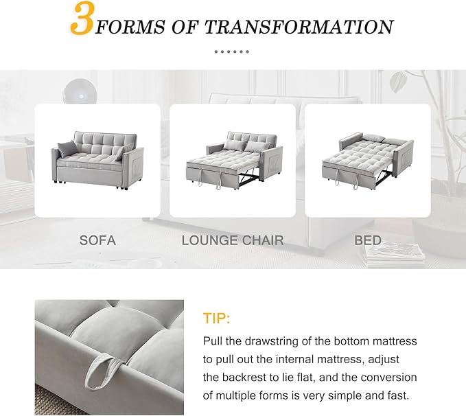 3-in-1 Loveseat Sleeper Sofa, Modern 55.5" Pull Out Couch, Velvet Upholstered