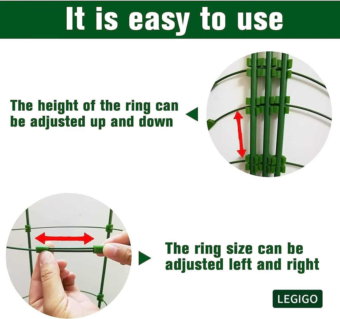 Legigo 3 Packs Plant Support Cages Tomato Cage for Garden- 18 Inch Adjustable Garden Cucumber Trellis Plant Stakes, Trellis Support Rings for Climbing Plants, Pots, Indoor Plants with 10 Plant Clips