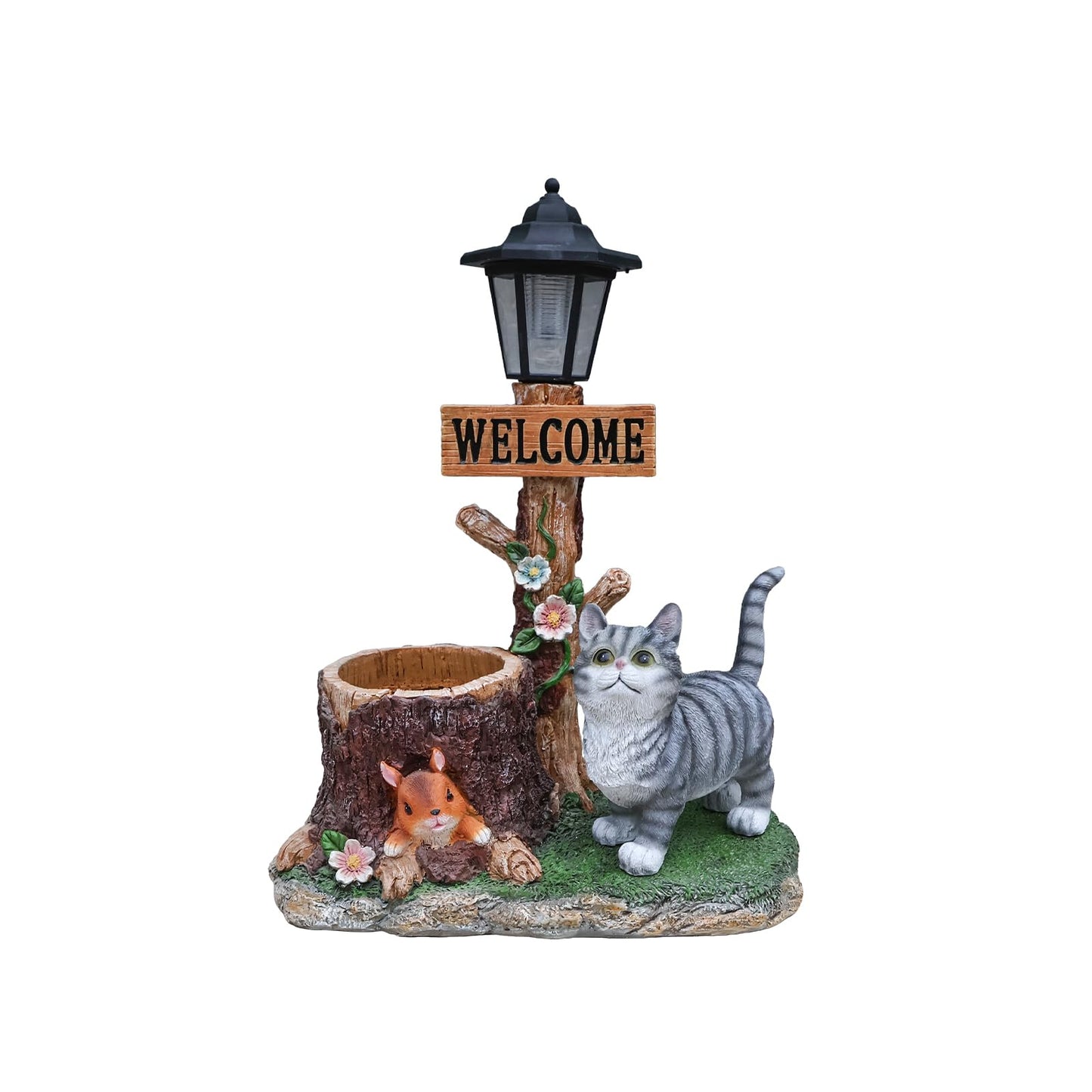 UNOIRNM Cat and Squirrel Garden Statue - with Solar Lantern and Tree Stump Planter, 18.5" Resin Gray Tabby Figurine for Outdoor Patio Decor, 9.3 lbs Animal Sculpture, 14.2" Wide Welcome Ornament