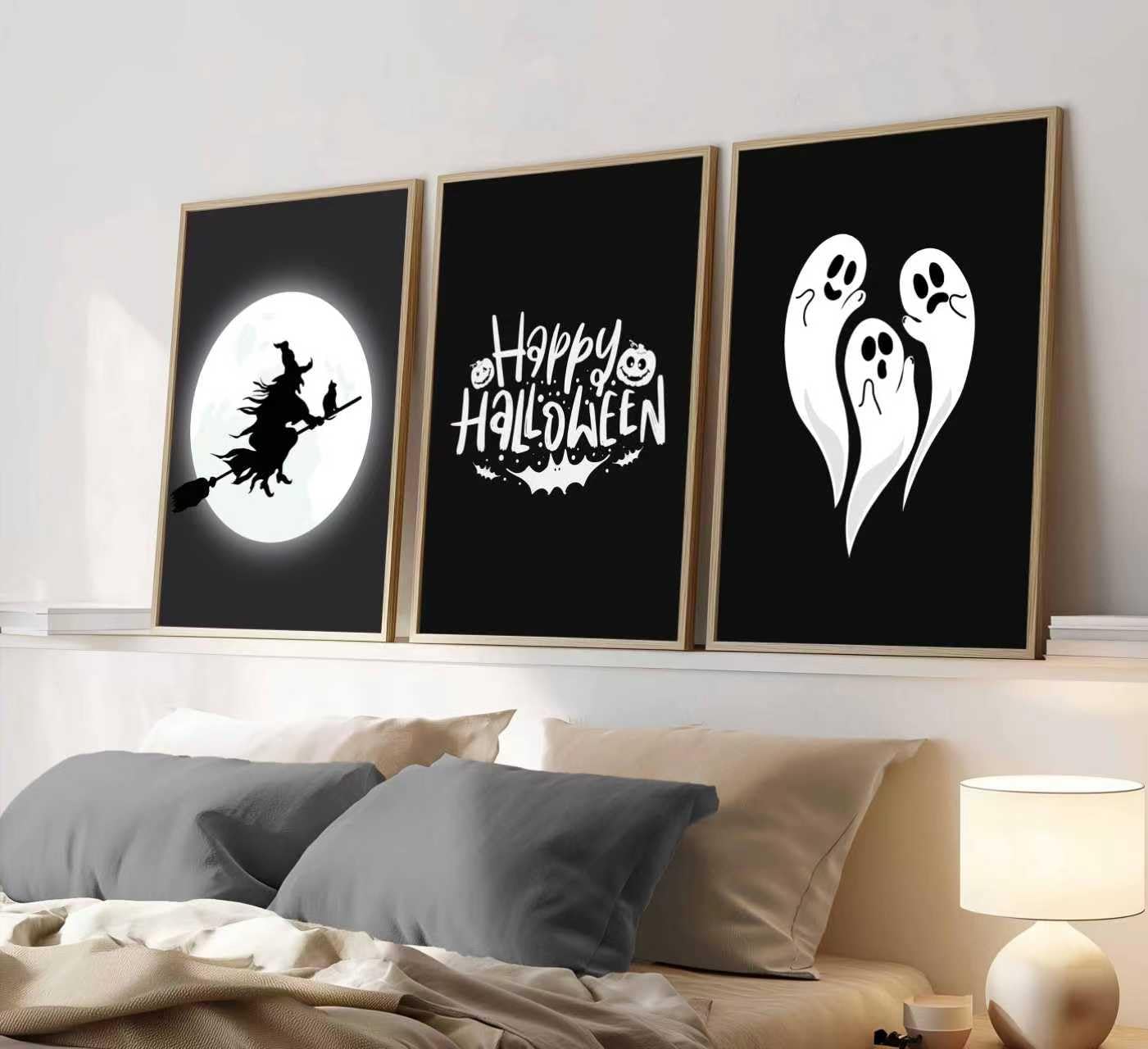 Halloween Horror Ghost Canvas wall art Witch flying on a broom Painting Picture Wall Decor Goth Dark Moody Poster Print Artwork for Halloween Party in Living Room and Bedroom Home Decoration