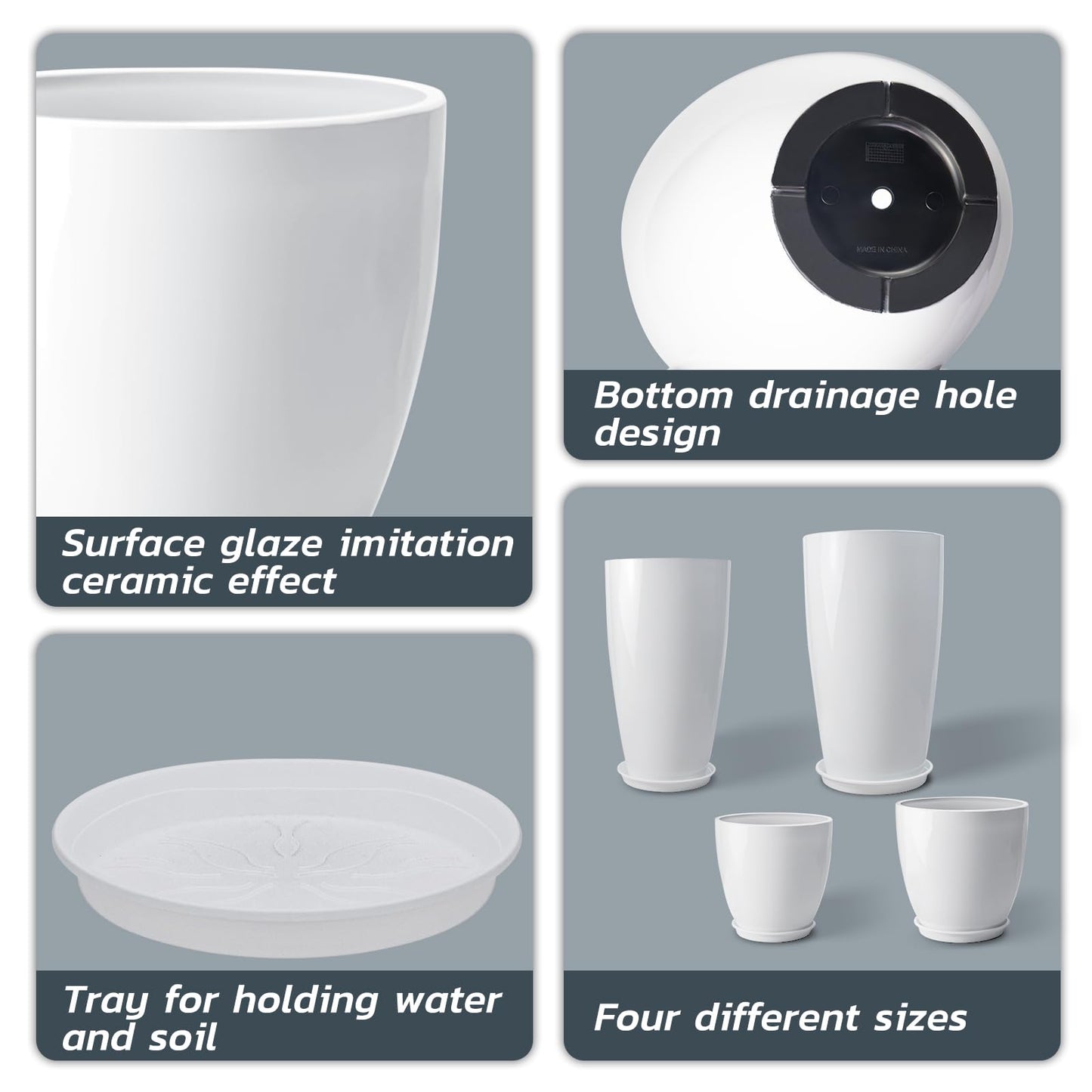 ZMTECH 24/21/12/10" H Large Plastic Planters with Drainage Hole and Saucer -Set of 4 Tall Plant Pots for Indoor & Outdoor Use,White Glossy Smooth Lightweight Flower Pot for Front Porch Patio Deck