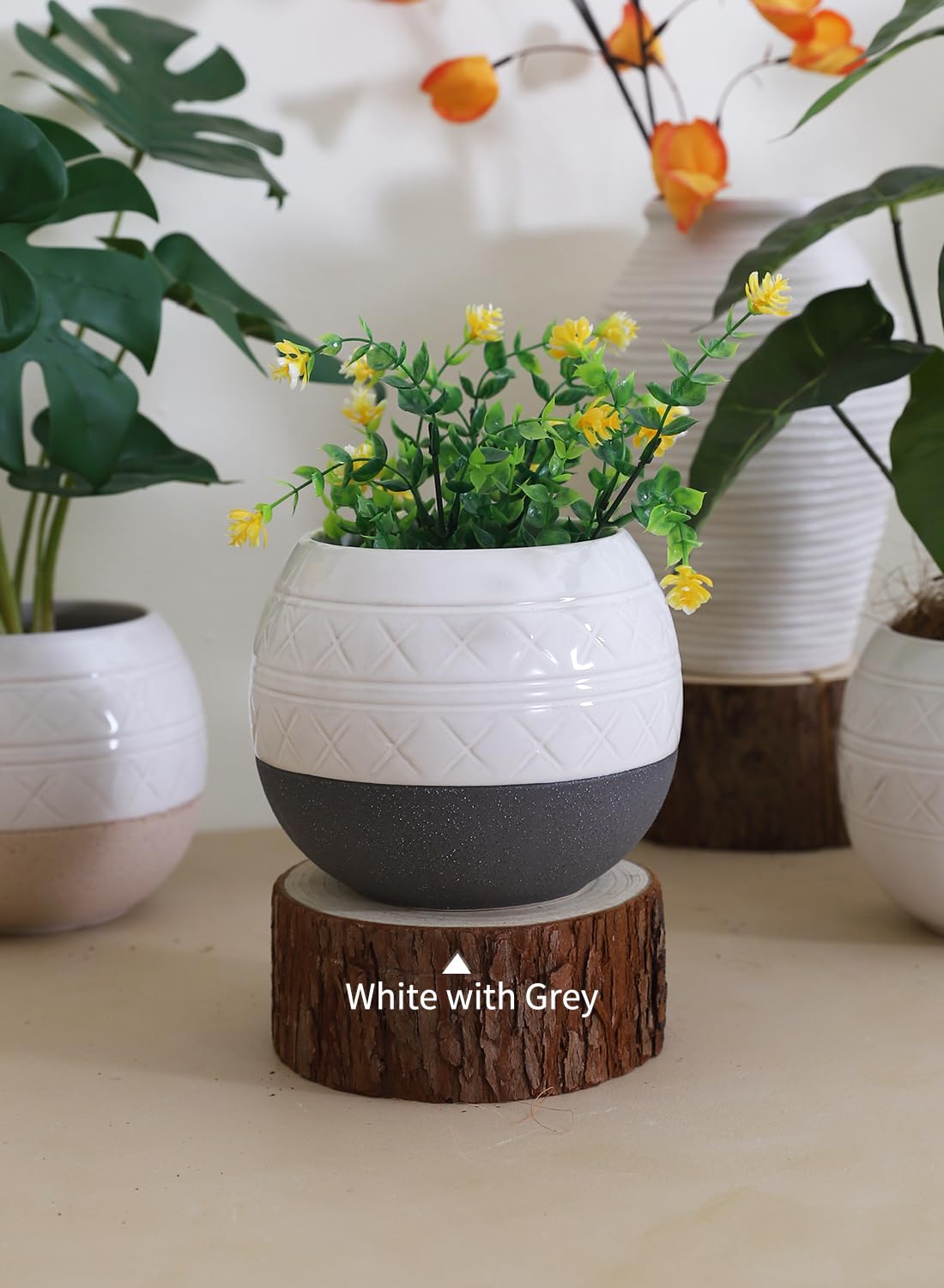 TAMAYKIM 6 Inch Ceramic Hanging Plant Pot with Macrame Plant Hanger & Hooks, Drum Shape Small Flower Planter for Indoor Outdoor, Balcony Garden Decor, White with Grey