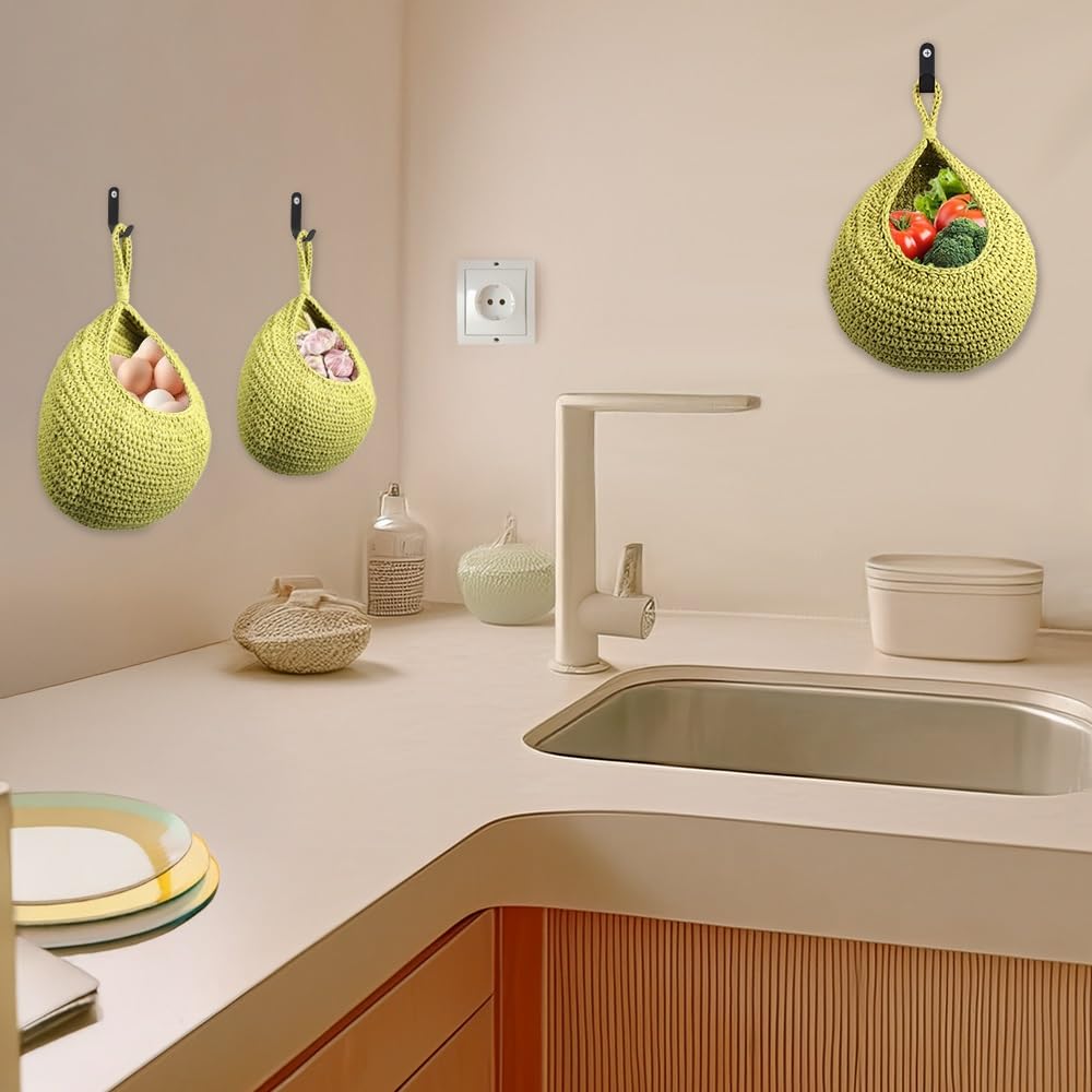 LucyPhy Hanging Storage Basket Set of 3 Sizes - Cotton Rope Organizer with Hooks for Home, Kitchen, Bathroom & Wall