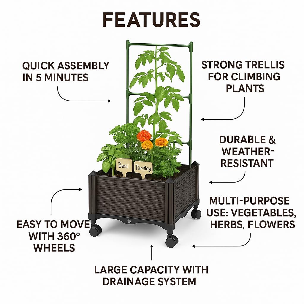 Sherbo Raised Garden Bed Planter Box on Wheels with Trellis, Rattan Style Raised Planter for Outdoor Plants, Compact Mobile Planter Box for Patio or Balcony