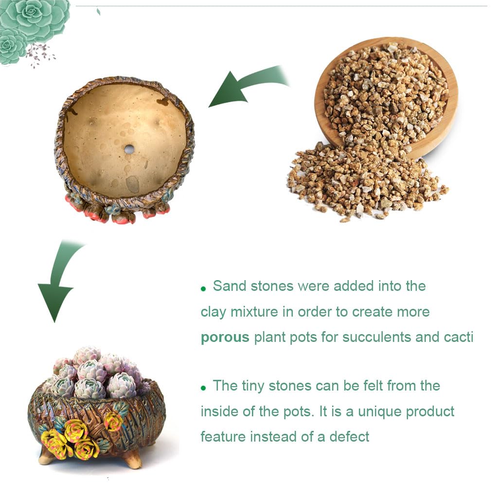 Summer Impressions 6.3 Inch Succulent Pot Handmade Flower Design Round Ceramic Antique Plant Pot Cactus Pot Planter with Drainge and Mesh Pad (Yellow)