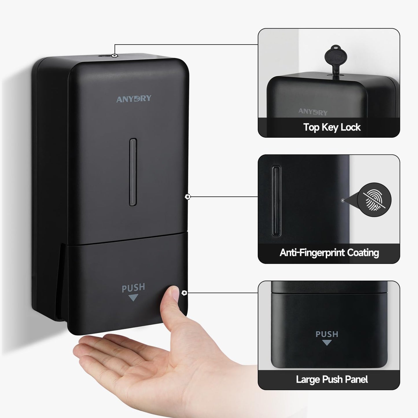 anydry 27oz (800 ml) Manual Wall Mounted Soap Dispenser, Ideal for Commercial Bathrooms Restaurants Hotels, Use with Liquid Hand Soap Shampoo, ABS Black