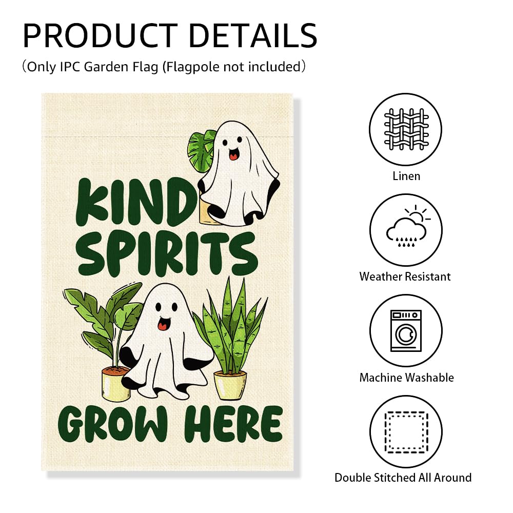 Gkodw Kind Spirits Grow Here Garden Flag, Cute Ghost Halloween Yard Sign for Outside, Funny Spirit Halloween Fall Outdoor Lawn Decor, Kindness Plant Lover Spooky Plant Mom Housewarming Gifts