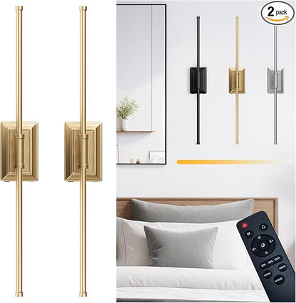 Battery Operated Wall Light Set of 2 - Gold Picture Wireless Led Plug In Walls Sconce Fixture Indoor - Art Decor Bathroom Sconces Rechargeable - Modern Bedroom Cordless Lights Fixtures with Remote