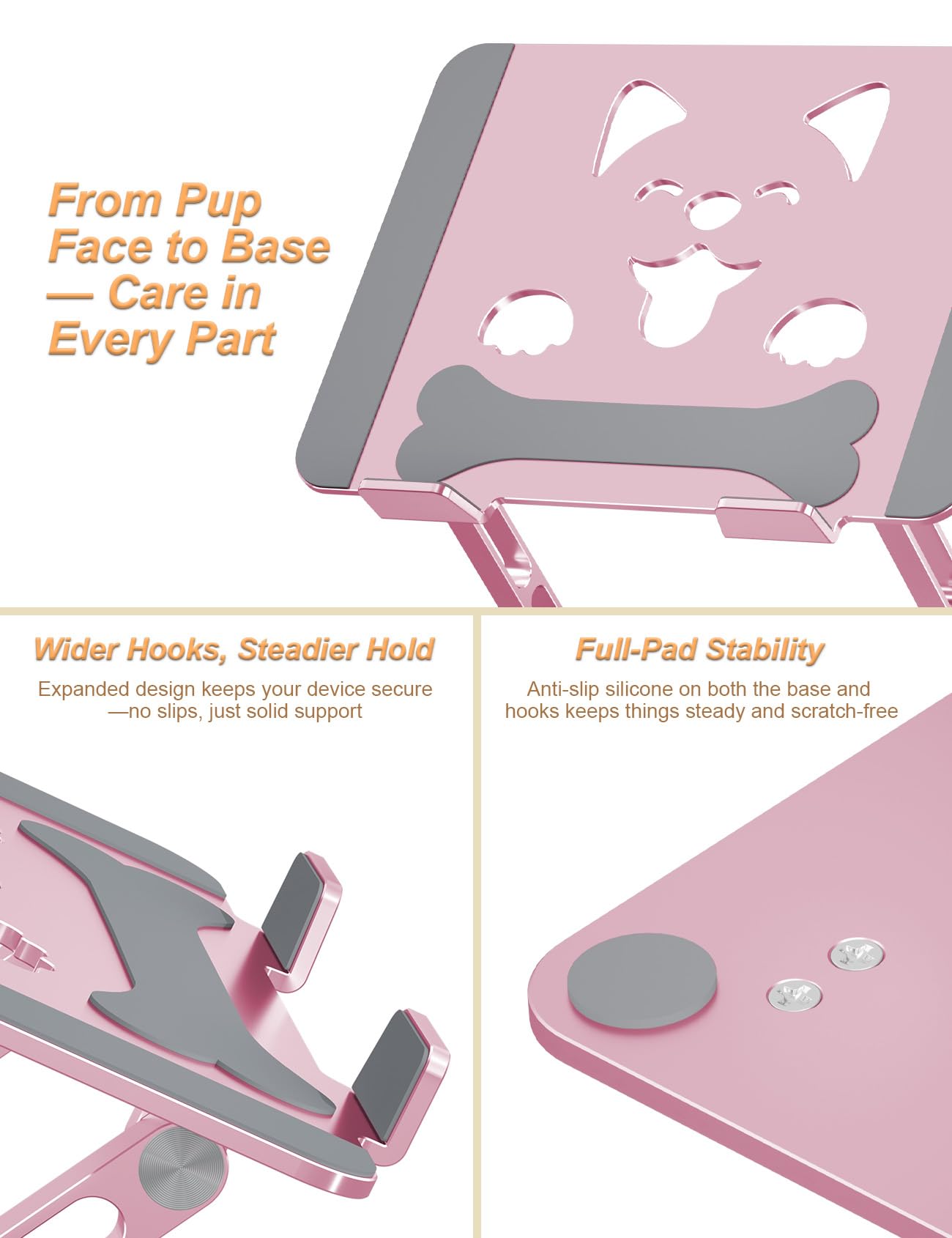 Aoviho Laptop Stand For Desk-Adjustable, Foldable, Portable, Ergonomic Aluminum Notebook Riser with Unique Puppy Cooling Vent, Desk Gift for 10"-17.3" Devices Mac, Dell, HP, Lenovo, Samsung, Rose Gold