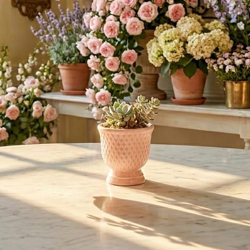 Napco Imports Decorative Home or Garden 4 x 4.75 Inch Indoor or Outdoor Compote Flower Pot Planter Pink Dimple