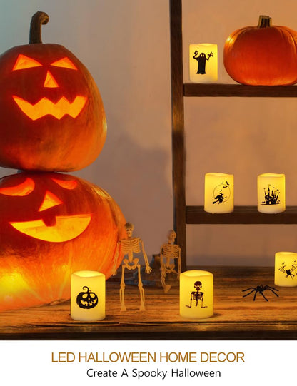 HOME MOST Set of 12 Halloween Votive Candles Battery Operated (White Body, Warm White Flicker) - Flameless Unscented Candles with Halloween Decals - LED Flickering Flameless Votive Candle